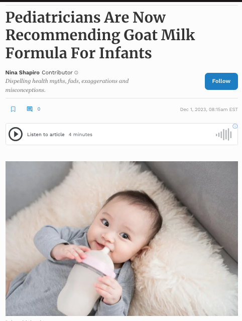 screen shot of article: Pediatricians Are Now Recommending Goat Milk Formula For Infants​