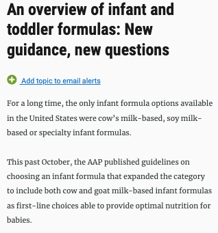 Screen shot of article: An overview of infant and toddler formulas: New guidance, new questions​